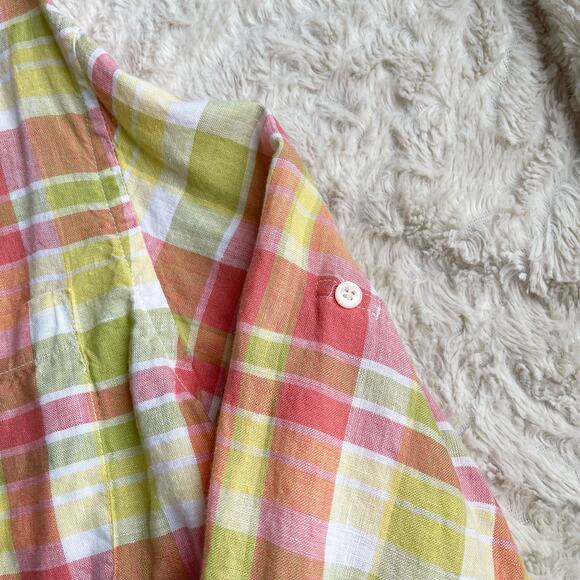 Vintage linen button-down shirt long sleeve plaid blouse watermelon pink green M - Picture 9 of 17